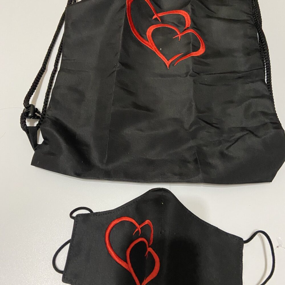Drawstring Bag with face mask black Drawstring Bag and Face Mask Bundle with Matching Embroidered Double Hearts design
