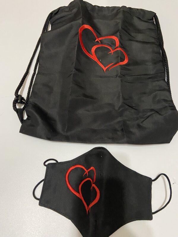 Drawstring Bag and Face Mask Bundle with Matching Embroidered Double Hearts design