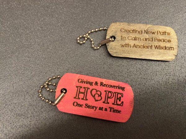initiative mil dog tag pink and tan wooden tag set back Collective set AMOR umbrella & Etnia Fusion Wooden Dog Tag
